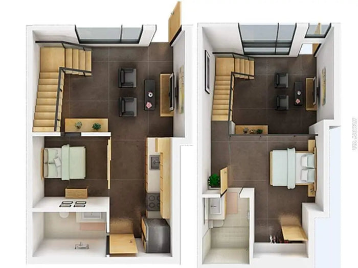 Modern two-story apartment floor plan with light wood accents and dark brown flooring illustrating loft conversion plans.