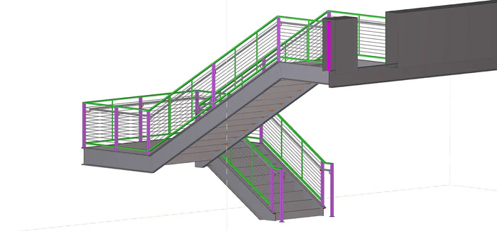The modern staircase with gray steps and green railings enhances site planning and 3D rendering process visuals.