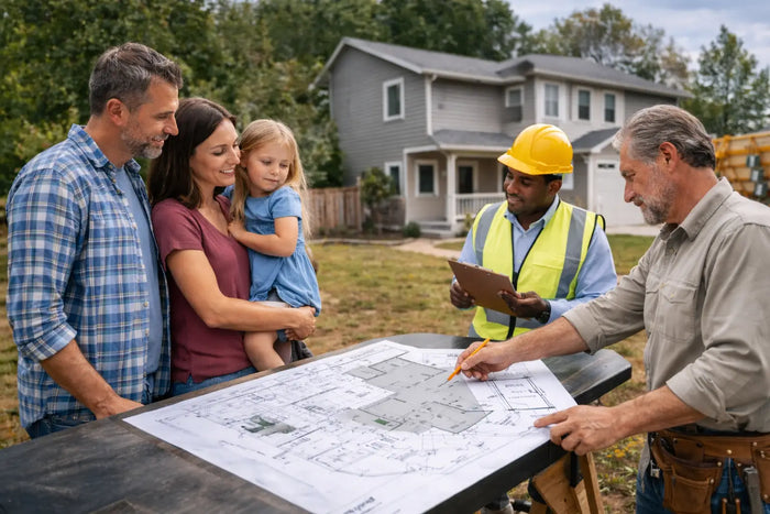 Gray two-story house with dark gray roof and white trim illustrating the importance of plot plans for undertaking diy projects.