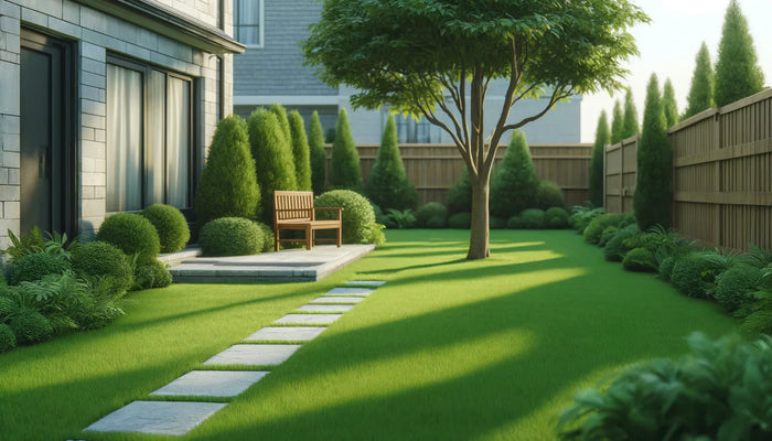 Wooden bench with slatted back and seat on stone patio illustrating site plan benefits for yard work and landscaping