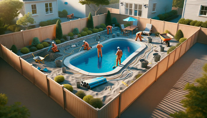 Blue oval-shaped swimming pool with white tiled edges and wooden fence ideal for swimming pool remodel projects