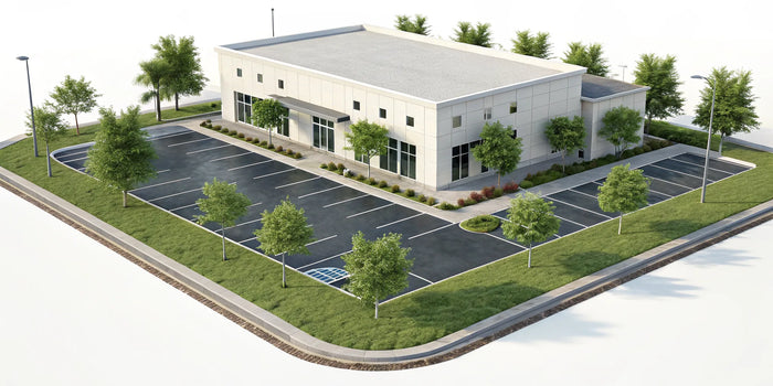 A commercial site plan showing requirements for a building, parking, landscaping, and ADA accessibility.