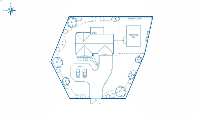 ADU permit site plan showing a main home and proposed backyard ADU
