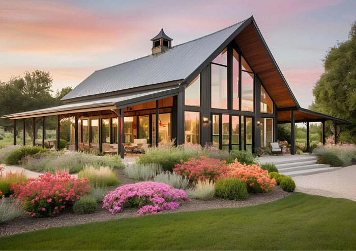 Modern farmhouse-style barndominium with dark metal roof black-framed windows and wooden accents for barndominium costs.