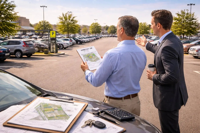 Blue button-down shirt paired with light-colored pants and brown belt in article about buying a parking lot business