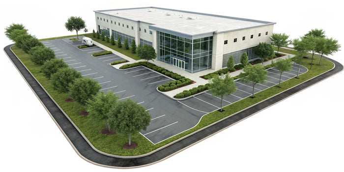 Commercial property site plan with building layout, parking, utilities, and landscaping.