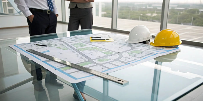A detailed construction site plan example with blueprints showing property lines and building dimensions.