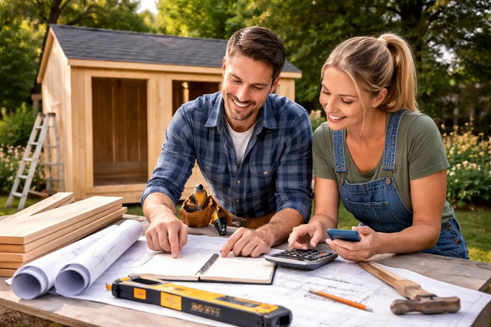 A man and woman discuss diy shed blueprints outdoors focusing on shed costs and square foot planning.