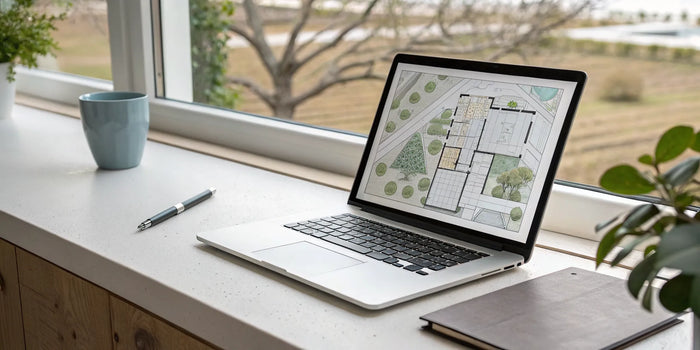 A site plan being created on a laptop with an online planning tool.