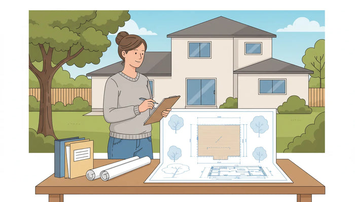 Homeowner reviewing a deck permit checklist and site plan