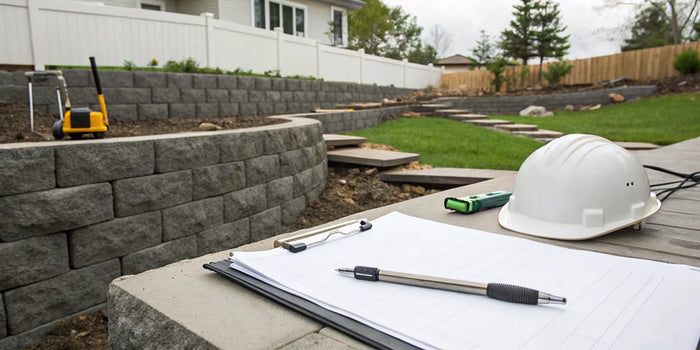 Plans for a retaining wall permit on a construction site with a hard hat and tools.