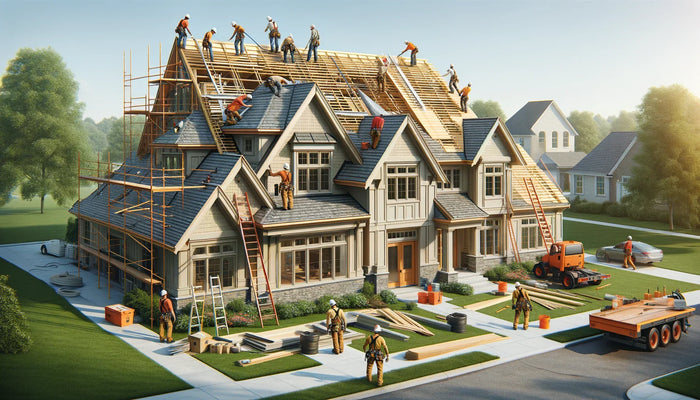 A large two-story house with gray stone facade and dark blue shingles under construction for a roofline remodel site plan