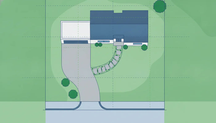 Aerial view of a driveway site plan connecting a home to the street