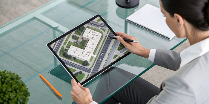 A professional reviewing a fast commercial site plan on a tablet for permit approval.