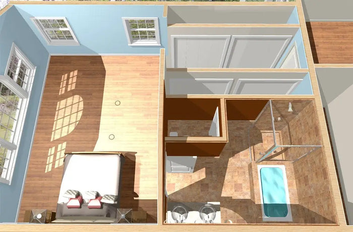 Blue and white bedroom with wooden floor and bathroom showcasing garage conversion living space site plan.