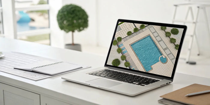 A permit-ready swimming pool site plan on a laptop from an online service.