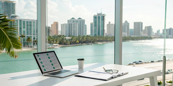 Preparing a City of Miami permit application on a laptop with a view of the city skyline.