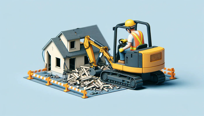 Yellow mini excavator with black tracks and driver in safety gear preparing site plan for demolition permit compliance