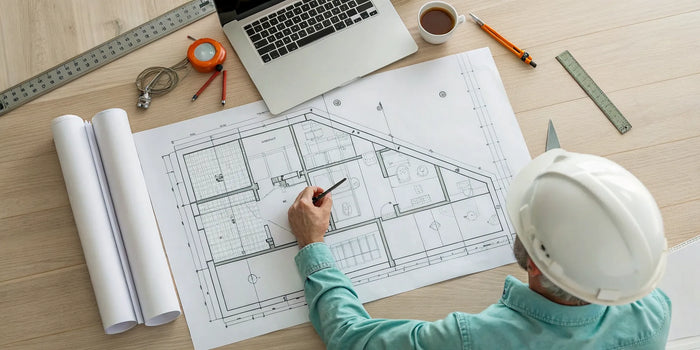An architect drawing a construction site plan on a blueprint with drafting tools.