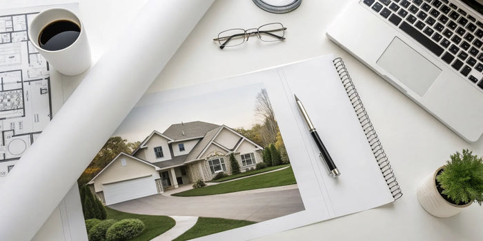 Drafting a site plan for a driveway permit on a desk with a laptop and blueprints.