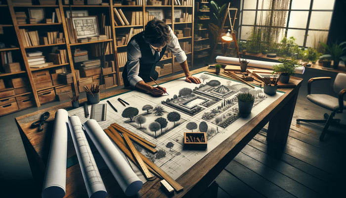 A detailed landscape plan blueprint on a wooden drafting table with rolled site plans and design tools around it