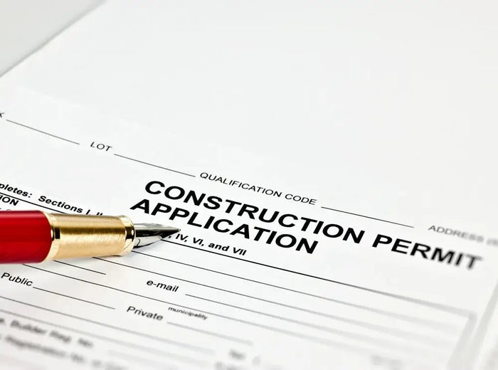 Red fountain pen with gold nib resting on a construction permit application form for building permit site plan and permit drawings