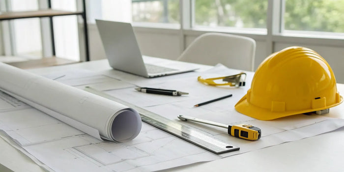 A commercial site plan laid out on a desk with a hard hat, ready to get a building permit.