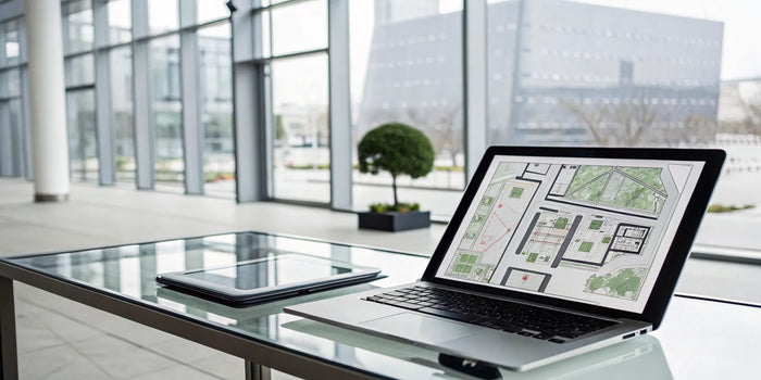 A commercial site plan draft from an online service on a laptop.