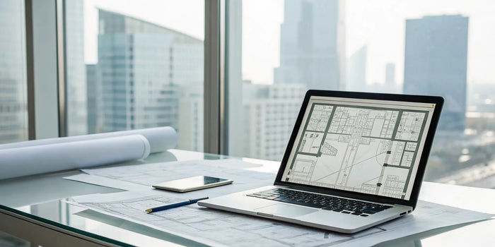 Laptop on a desk with a digital plan, used to get a construction site plan online.