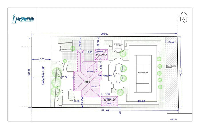 Blueprint of a custom site plan for a residential property featuring house, pool, tennis court, and basketball court layout
