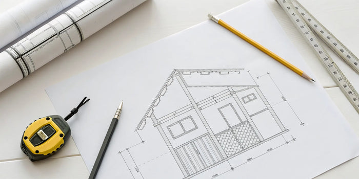 Architectural shed blueprint with measuring tape, pencil, and ruler for how to get a permit for a shed.