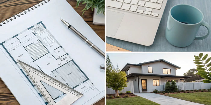 A plot plan for a property being drawn on a desk next to a laptop.