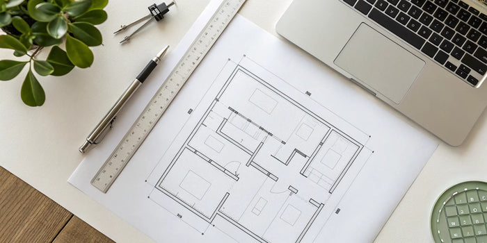 A detailed plot plan of a property being reviewed on a desk to obtain necessary building permits.