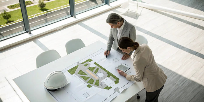 Two professionals review a site plan for a building permit.