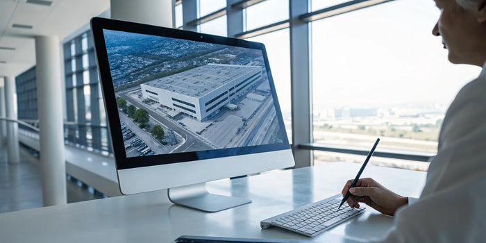 Person using a computer to get a site plan from a satellite view online.