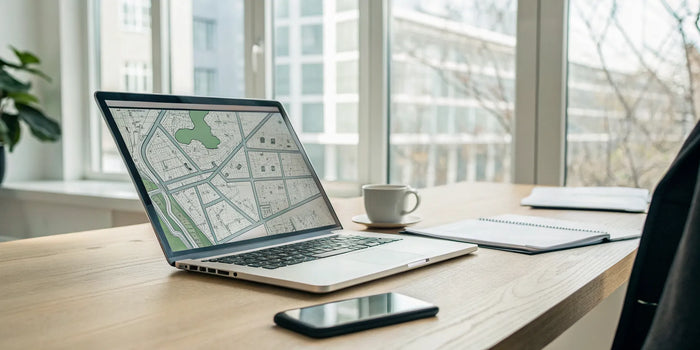 Laptop showing a site plan to get online for a building permit.