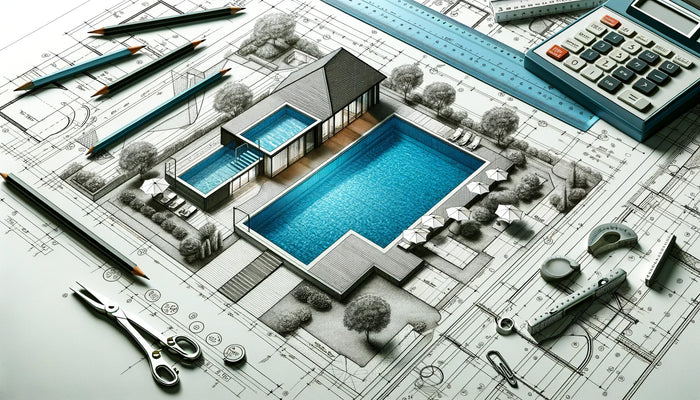 Blue in-ground swimming pool with tiled edges and deck area shown for site plan in swimming pool structure drawing article