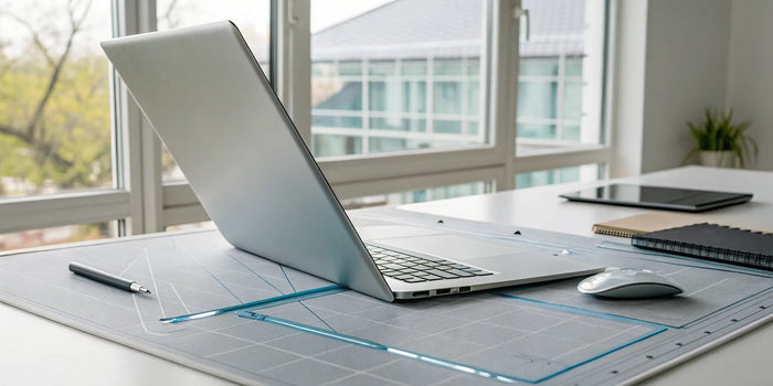 Laptop on a desk used to get a site plan with measurements online.