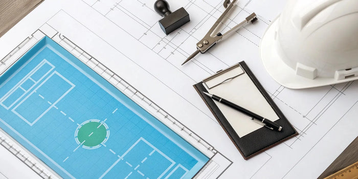 Swimming pool permit requirements paperwork with construction blueprints and a hard hat.