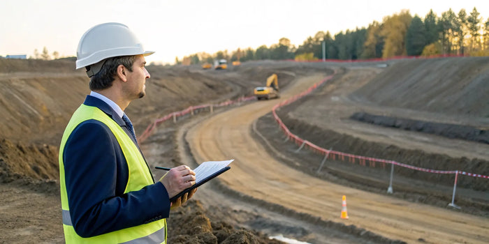 A site manager reviews a land disturbance permit at an active excavation site.