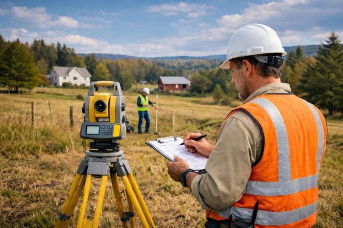 Yellow and gray land survey instrument mounted on a tripod used for measuring property lines and estimating survey costs