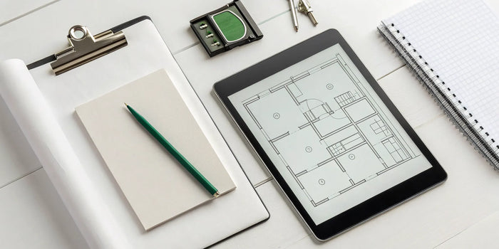 Applying for a Manatee County permit online with a tablet showing a floor plan.