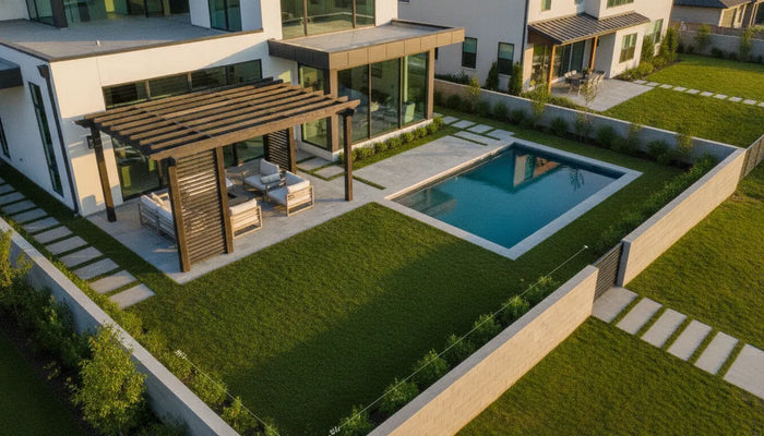 Backyard pergola placement near a modern home
