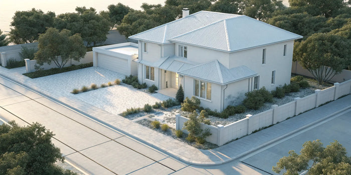 Residential plot plan for a corner home, detailing property lines, driveway, and landscaping.