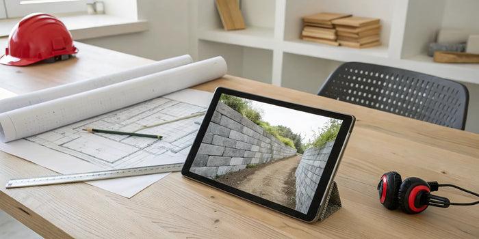 Planning retaining wall permit requirements with blueprints and a tablet on a desk.
