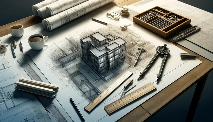 Blueprint of a modern multi-story building with architectural lines and drafting tools illustrating local building regulations and permits
