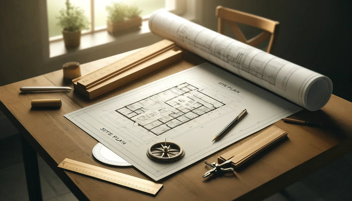 A detailed site plan on white paper showing lot lines with precision tools and a rolled blueprint nearby