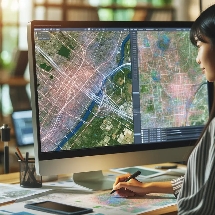 Silver-framed all-in-one desktop monitor displaying detailed urban mapping software for advanced site planning technology.