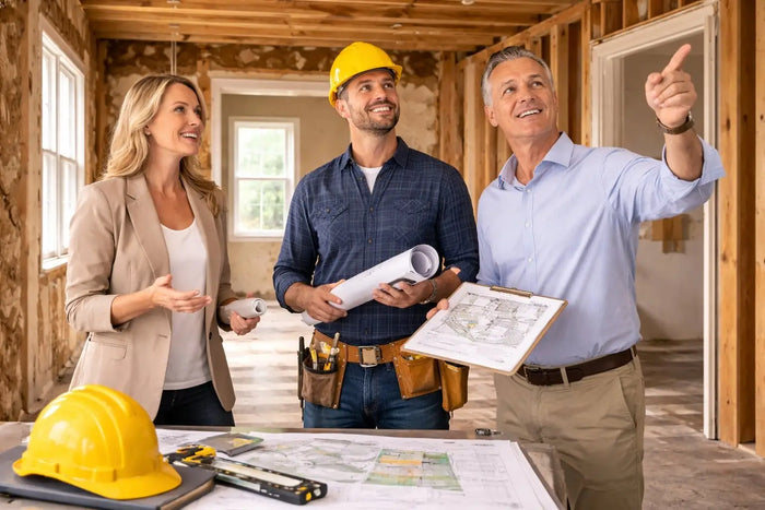 Yellow hard hat resting on a black tool tray for home renovation and house renovation site plan organization