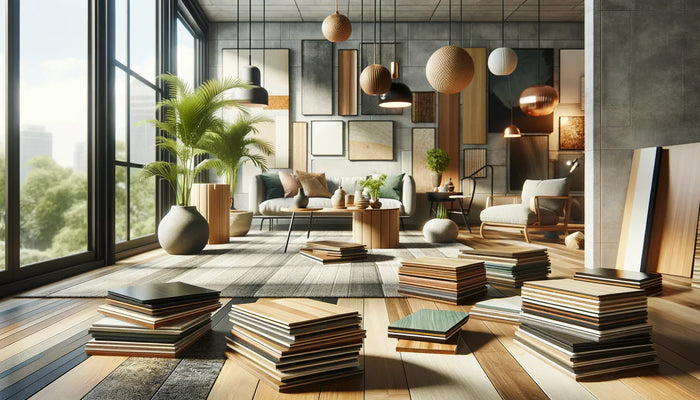 Stacks of laminate flooring samples in various wood tones showcasing affordable flooring options per square foot and vinyl flooring alternatives